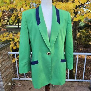 80s Wmns Green Navy Blazer Gold Button Soft Lined Wool Blend Vtg Oleg Cassini 12